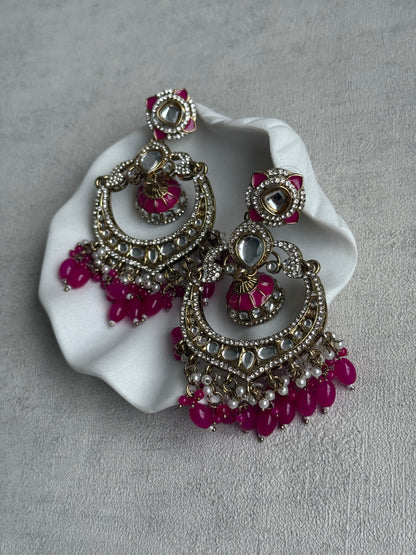 Ayura Designs Reha Earrings – Statement Chandbalis with Hot Pink Beads, Pearls & Mirror-Cut Stones