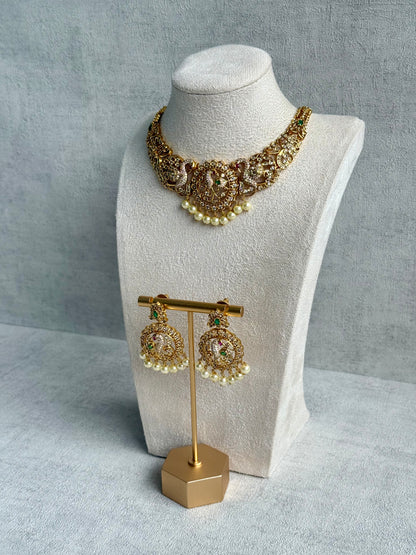 Ayura Designs Vedya Set – Antique Gold Peacock Necklace with Kundan, Emerald & Pearl Detailing