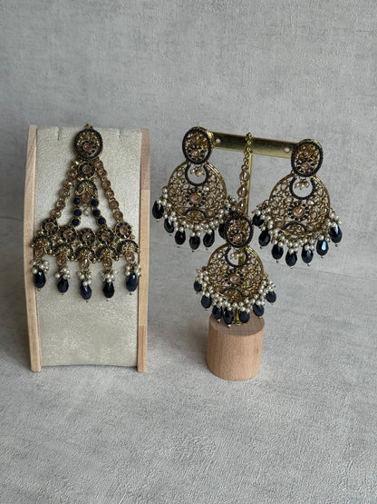 Ayura Designs Almas Tikka Set with Earrings, Tikka & Sahara – Midnight Blue Beads & Antique Gold Finish
