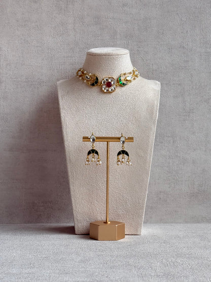 Ayura Designs Mahi Choker Set with Earrings – Meenakari Kundan Green & Pink Detailing