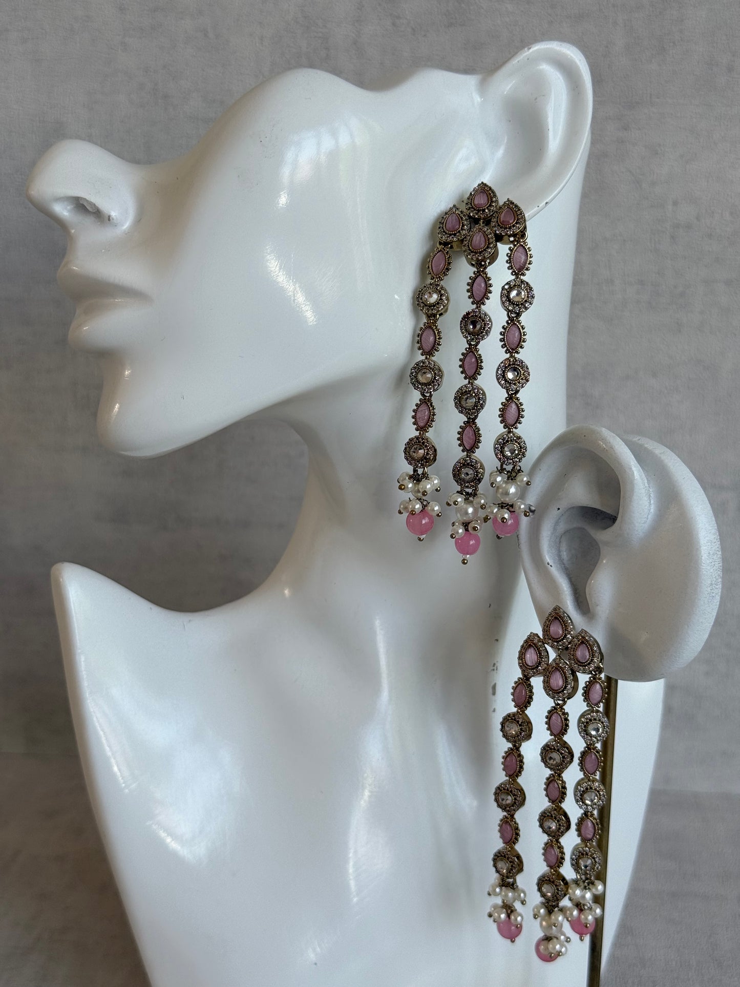 Ayura Designs Emilia Earrings – Gold Triple Strand Statement Earrings with Blush Pink Stones & Pearl Drops