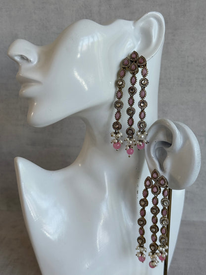 Ayura Designs Emilia Earrings – Gold Triple Strand Statement Earrings with Blush Pink Stones & Pearl Drops
