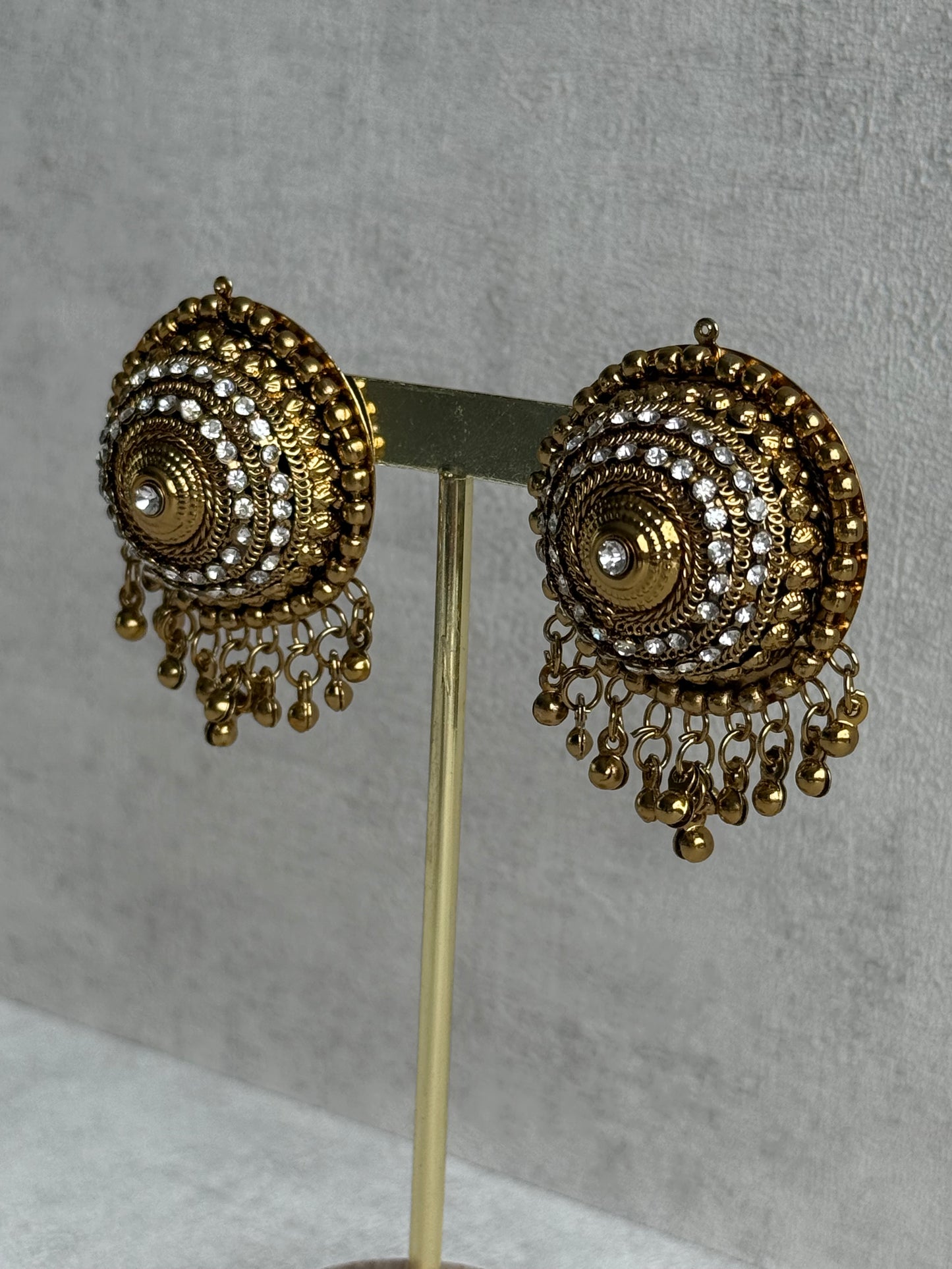 Ayura Designs Mitwa Earrings – Antique Gold Studs with Crystal Stones & Ghungroo Fringe