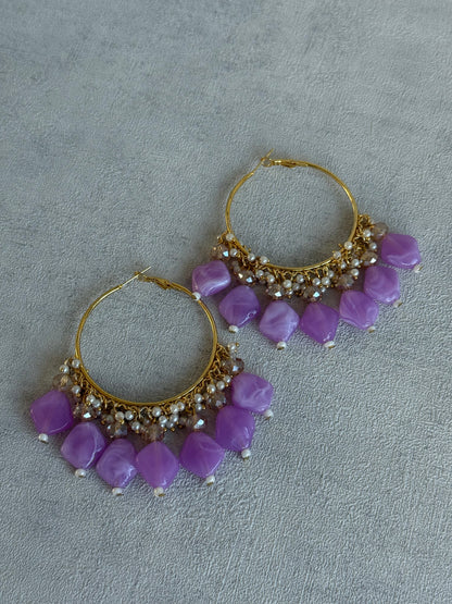 Ayura Designs Heer Balis – Gold Hoops with Lilac Marble Beads, Pearls & Crystal Detailing