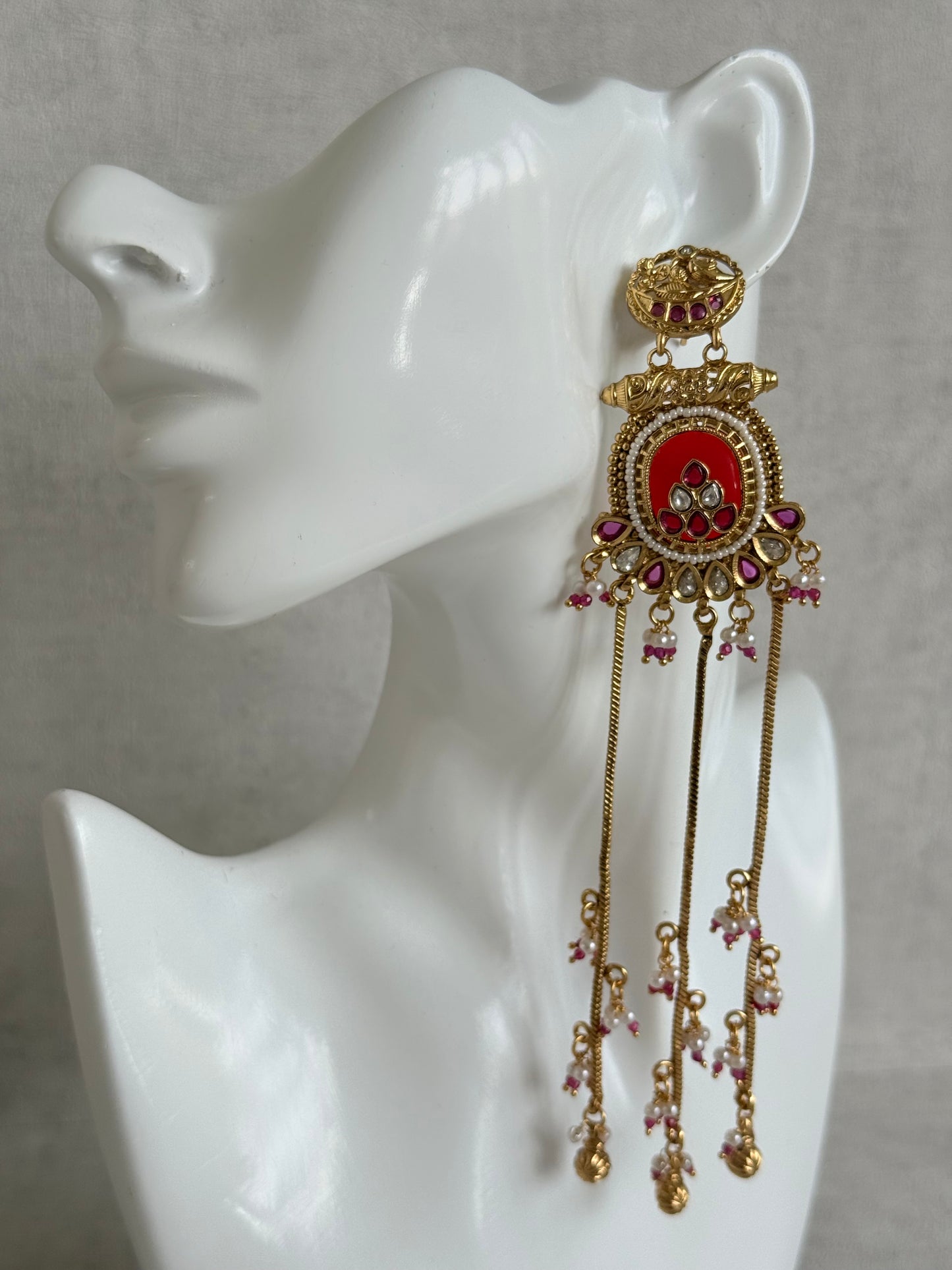 Ayura Designs Kaveri Earrings – Gold Long Chain Drop Earrings with Kundan, Pearls & Ghungroo Detailing – Ruby Red