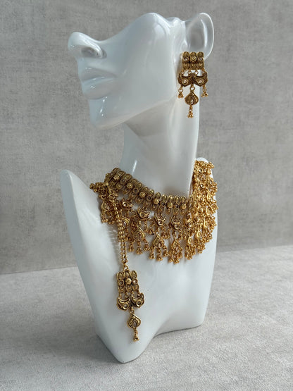 Ayura Designs Sifat Bridal Set with Earrings & Tikka – Antique Gold Kundan Waterfall Design with Paisley & Ghungroo Drops