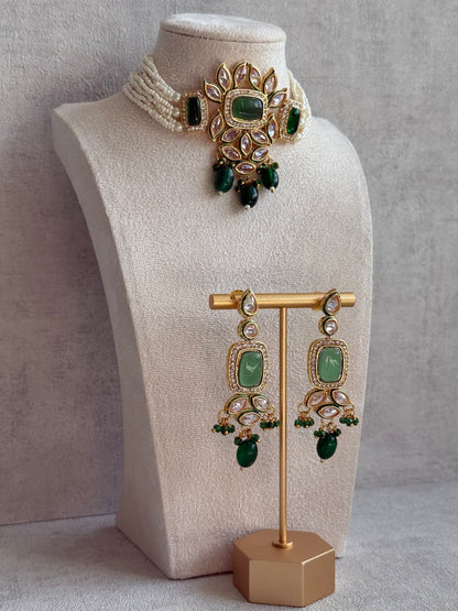 Ayura Designs Raaz Set with Necklace & Earrings – Emerald Green Stones, Kundan Detailing & Antique Gold Finish