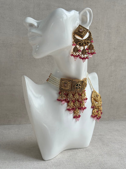 Ayura Designs Samera Choker Set with Earrings & Tikka – Rani Pink & Blush Pink Beads, Green Centre Stone, Floral Motifs & Antique Gold Finish