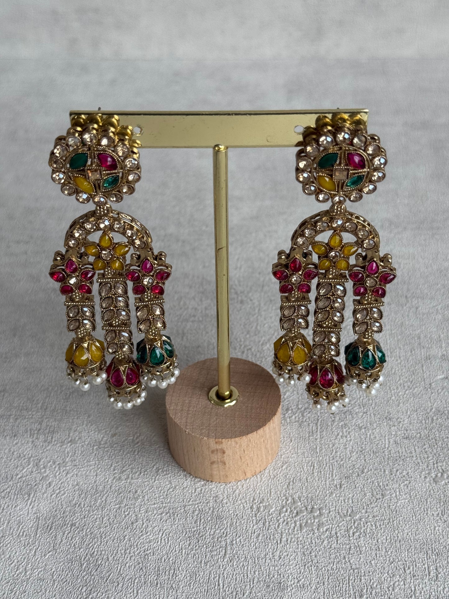 Ayura Designs Soraya Earrings – Multicolour Stones, Champagne Crystals, Pearl Detailing & Gold Finish
