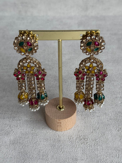 Ayura Designs Soraya Earrings – Multicolour Stones, Champagne Crystals, Pearl Detailing & Gold Finish
