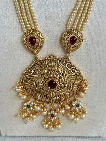 Ayura Designs Maharani Bridal Set with Choker, Haar, Earrings & Tikka – Antique Gold with Pink Stones & Pearl Detailing