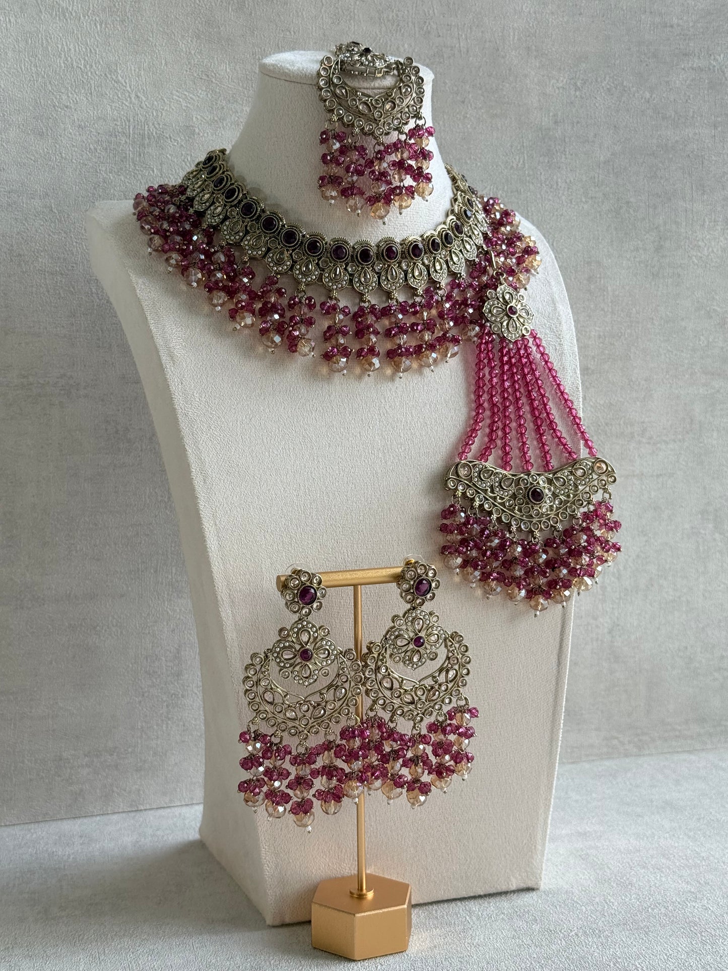 Ayura Designs Dilnaz Necklace Set with Earrings, Tikka & Passa – Berry Pink & Champagne Crystal Beads & Antique Gold Finish
