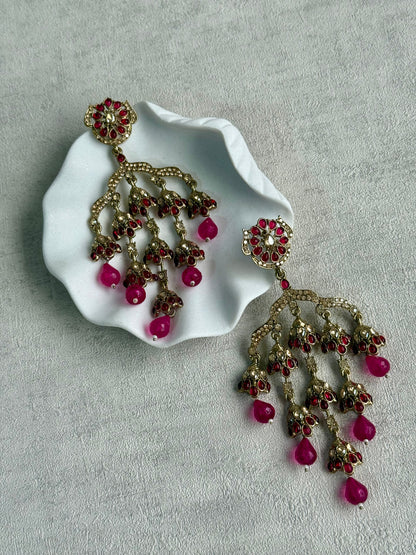 Ayura Designs Jasmine Earrings – Chandelier Earrings with Fuchsia Beads & Antique Gold Detailing