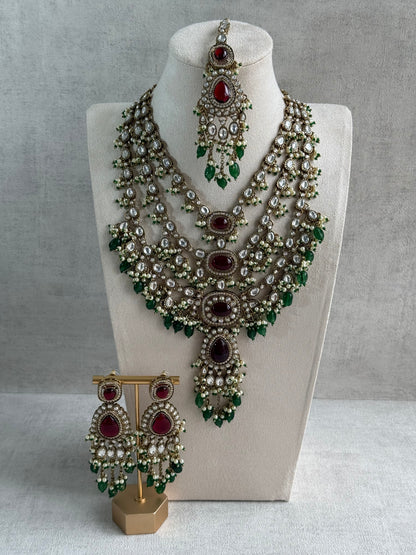 Ayura Designs Sahra Bridal Set with Earrings & Tikka – Ruby Red, Emerald Green, Kundan Stones & Pearls in Antique Gold Finish