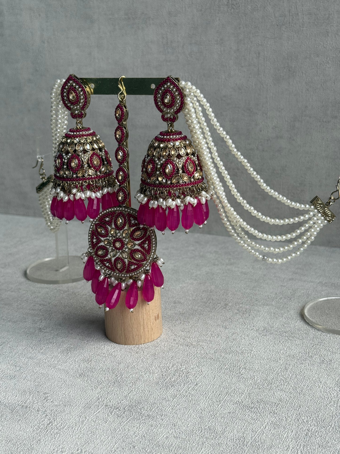 Ayura Designs Amrita Set – Jhumkis with Sahare & Tikka in Hot Pink Beads, Pearls and Antique Gold Finish