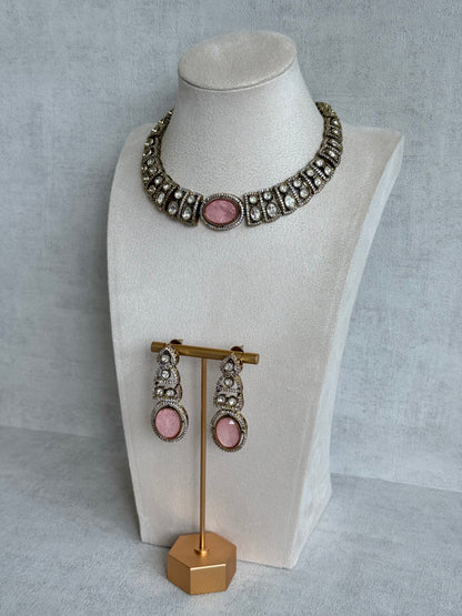 Ayura Designs Sadie Necklace Set with Earrings – Blush Pink Centre Stone, Moissanite Style Stones & Crystal Halo Detailing