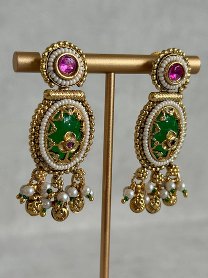 Ayura Designs Enjal Earrings – Emerald Green Enamel, Pearl Beading, Pink Stone & Gold Finish