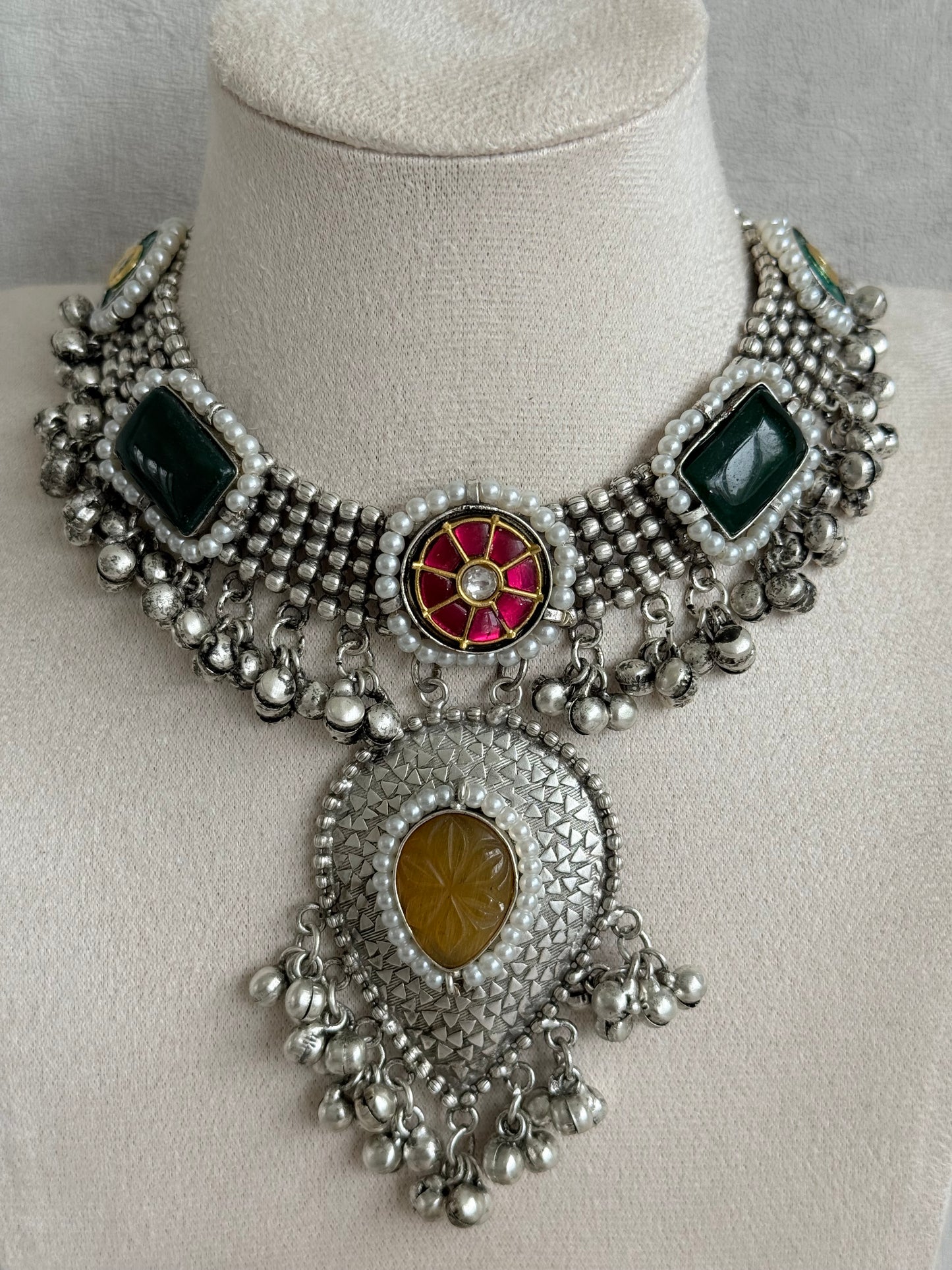 Ayura Designs Izel Necklace Set with Jhumkis – Oxidised Silver Statement Necklace with Multicolour Stones & Ghungroo Detailing
