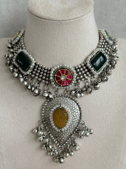 Ayura Designs Izel Necklace Set with Jhumkis – Oxidised Silver Statement Necklace with Multicolour Stones & Ghungroo Detailing