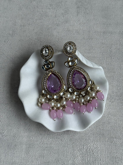Ayura Designs Nageen Earrings – Antique Gold Jhumkis with Lilac Stones, Mirror-Cut Accents & Pearl Drops