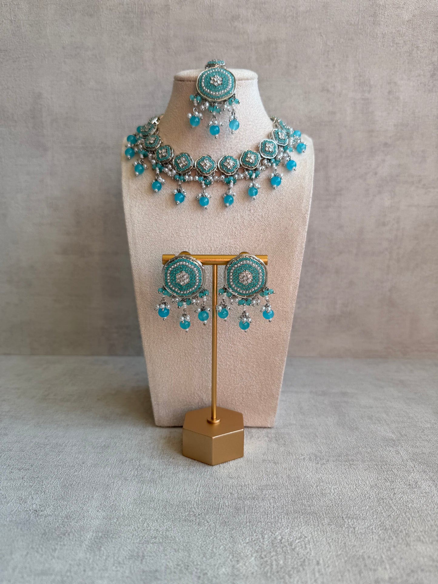 Ayura Designs Nomal Set with Earrings & Tikka – Aqua Blue Beads, Pearl Detailing & Silver Finish