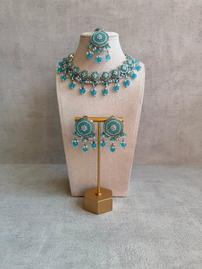 Ayura Designs Nomal Set with Earrings & Tikka – Aqua Blue Beads, Pearl Detailing & Silver Finish