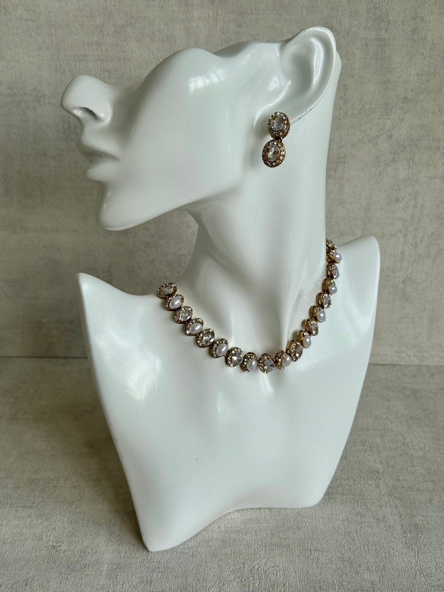 Ayura Designs Eira Set – Necklace, Earrings & Tikka with Diamond-Cut & Ivory Oval Stones in Antique Gold