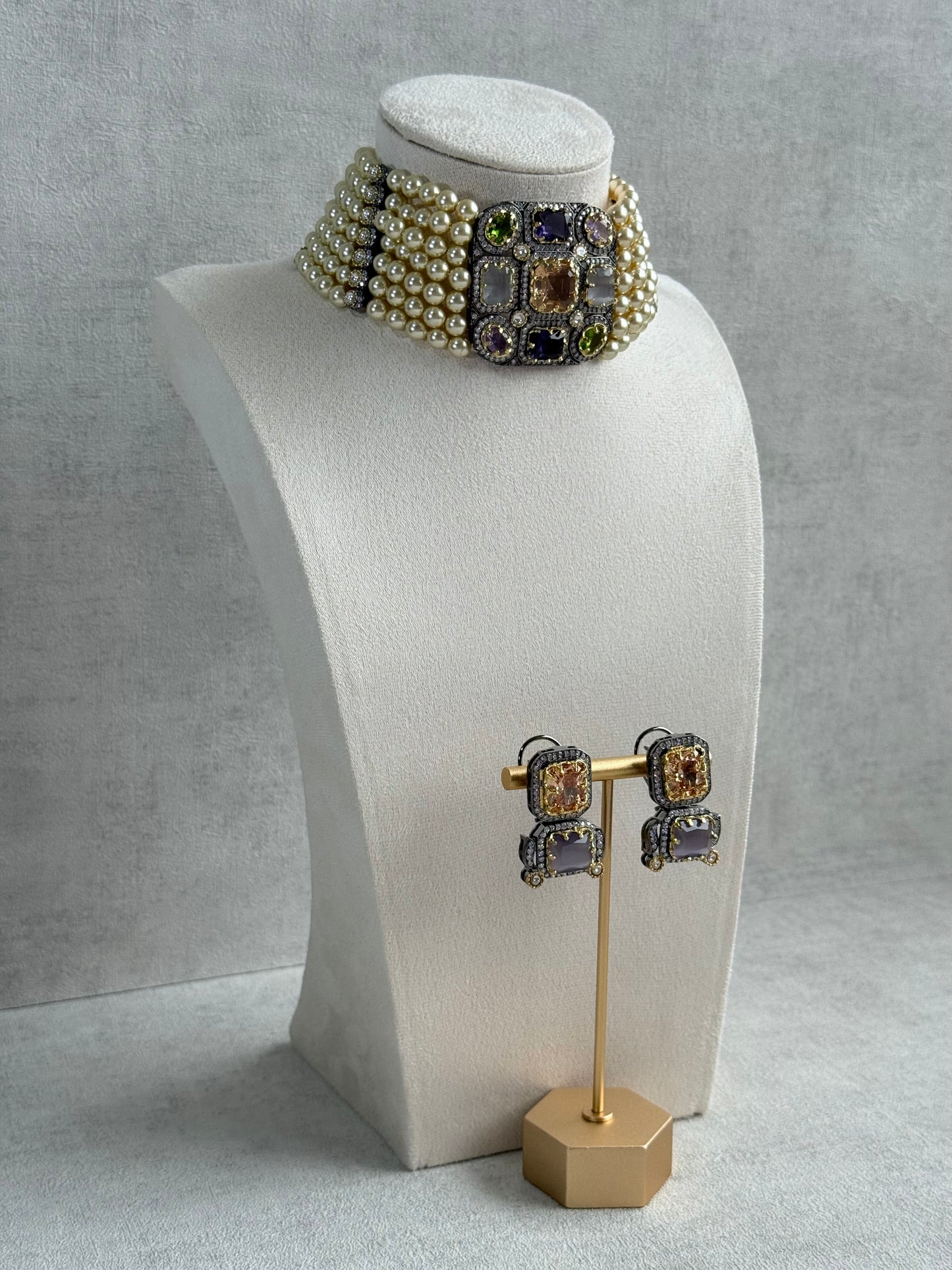 Ayura Designs Amelia Choker Set with Earrings – Moissanite Stonework with Layered Pearls in Antique Silver Finish (Soft Pastel Mix)