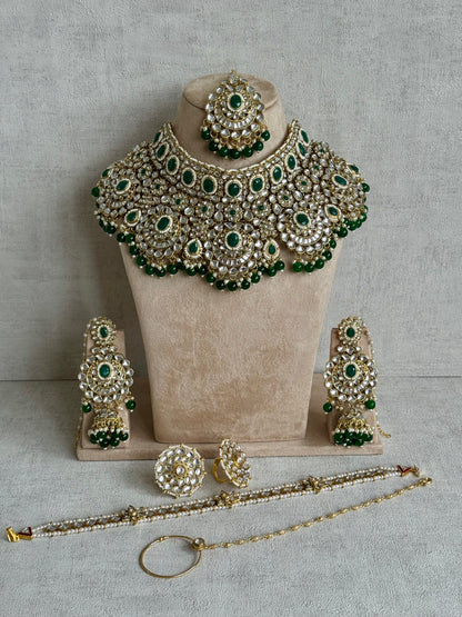 Ayura Designs Meherbano Bridal Set with Necklace, Jhumkis, Tikka, Nath, Ring & Sheeshphool – Mirror-Cut Stones with Pearl Detailing