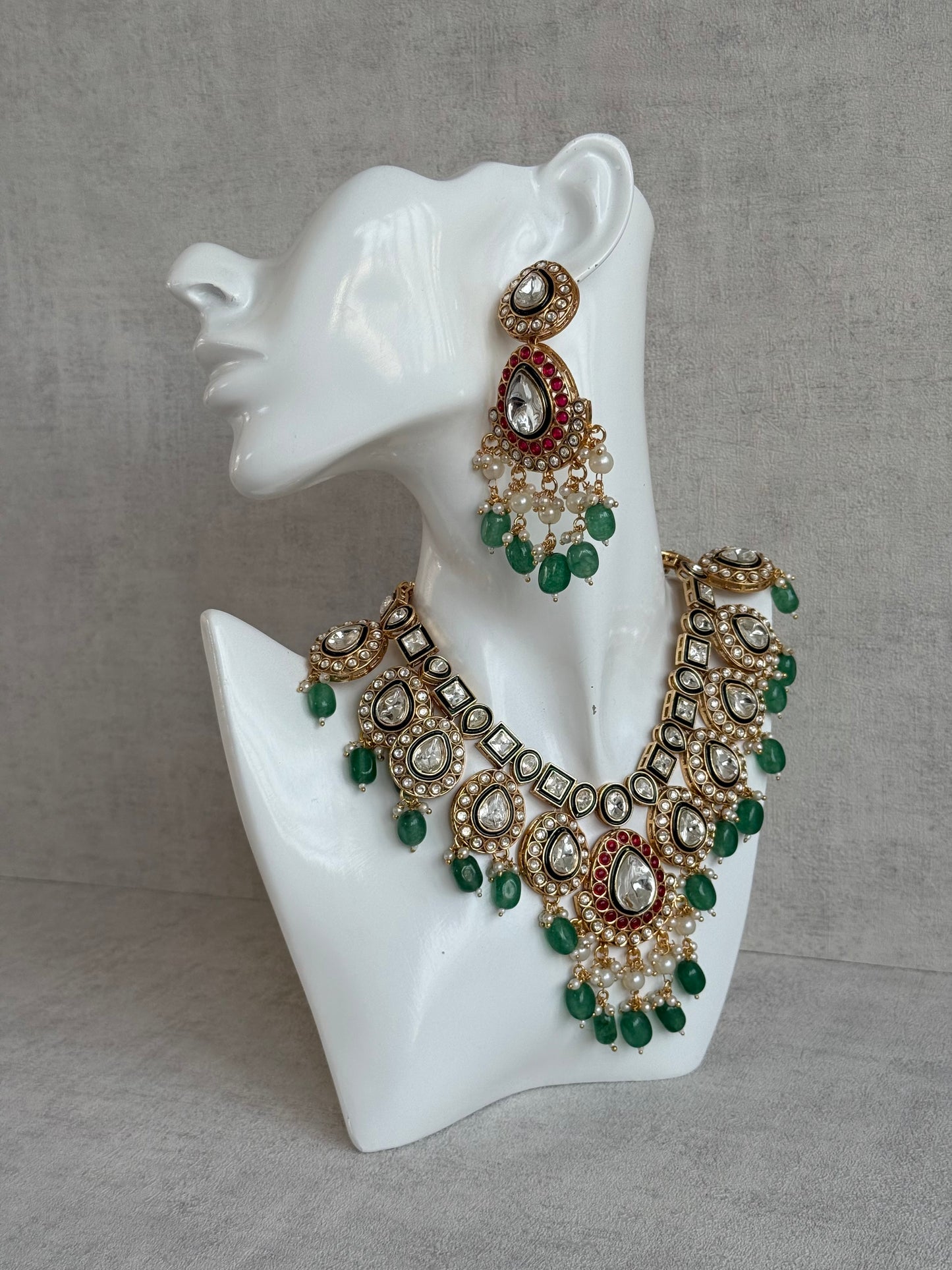Ayura Designs Eesha Set with Necklace, Earrings & Tikka – Multicolour Stones with Kundan Detailing, Emerald Green Beads & Pearl Drops