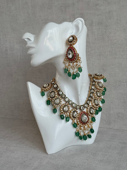 Ayura Designs Eesha Set with Necklace, Earrings & Tikka – Multicolour Stones with Kundan Detailing, Emerald Green Beads & Pearl Drops