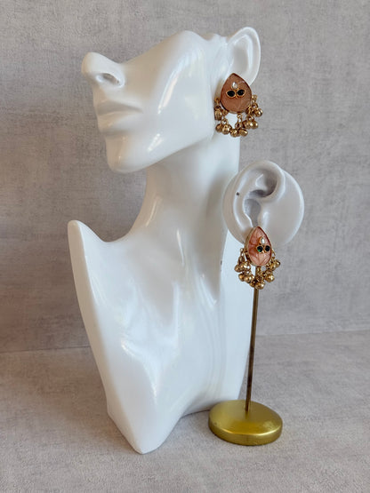 Ayura Designs Aykai Earrings – Champagne Peach Teardrop Stud Earrings with Clear Kundan Stones and Gold Ghungroo Drops