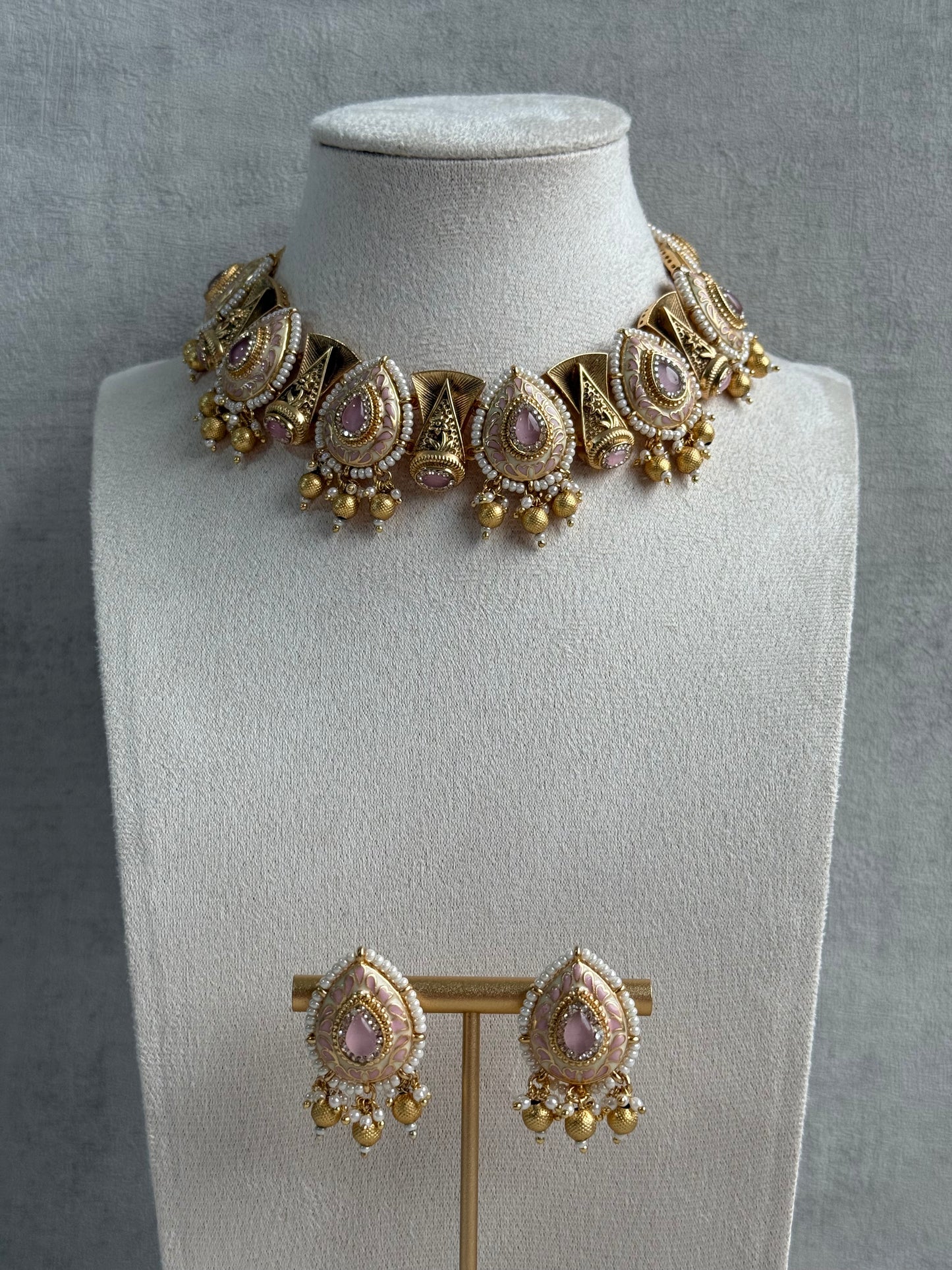 Ayura Designs Aaira Set with Necklace & Studs – Blush Pink Meenakari with Rose Pink Centre & Pearl Detailing