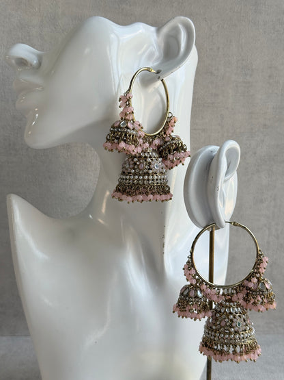 Ayura Designs Jindri Balis – Blush Pink & Antique Gold Triple Jhumki Earrings with Mirror-Cut Stones & Pearl Detailing