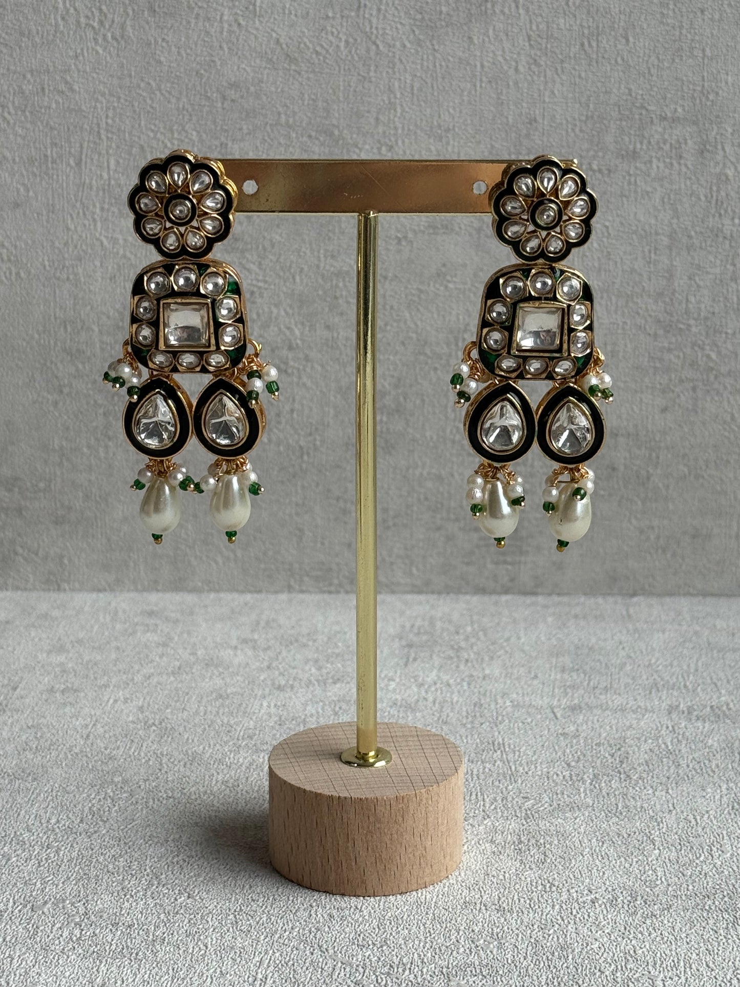 Ayura Designs Salma Set – Necklace, Earrings & Tikka with Mirror-Cut Kundan, Ivory Pearls, Emerald Green Meenakari & Gold Finish