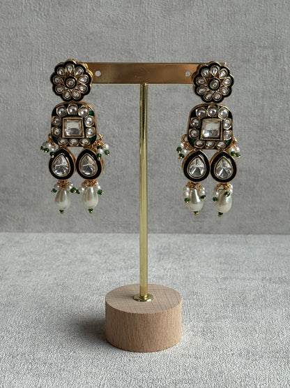 Ayura Designs Salma Set – Necklace, Earrings & Tikka with Mirror-Cut Kundan, Ivory Pearls, Emerald Green Meenakari & Gold Finish