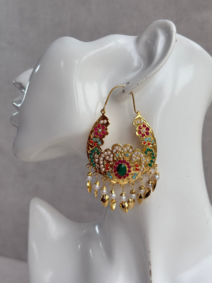 Ayura Designs Nimrat Balis – Emerald Green & Multicolour Stones, Ivory Pearl Beads & Pippal Patti, Gold Finish