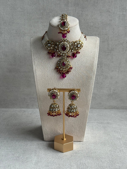 Ayura Designs Muskaan Set – Choker, Jhumkis & Tikka with Magenta Beads, Kundan Stones & Antique Gold Finish