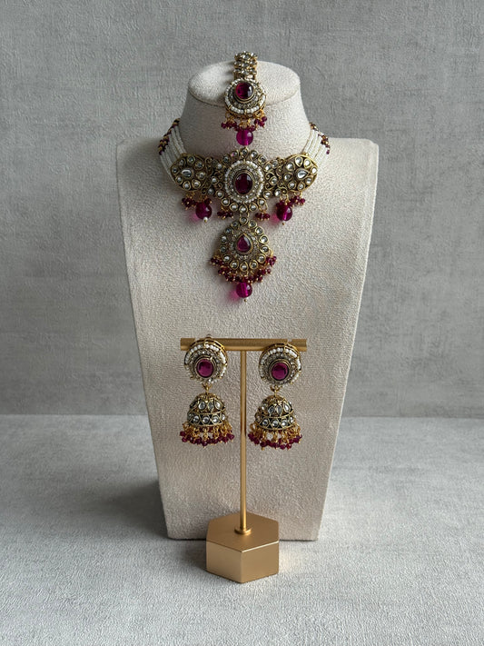 Ayura Designs Muskaan Set – Choker, Jhumkis & Tikka with Magenta Beads, Kundan Stones & Antique Gold Finish