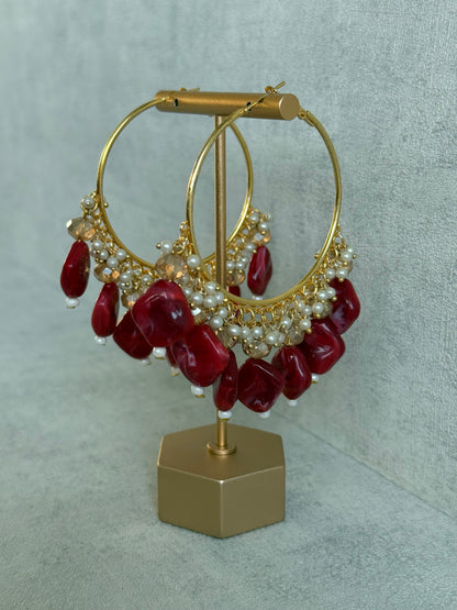 Ayura Designs Heer Balis – Gold Hoops with Ruby Marble Beads, Pearls & Crystal Detailing