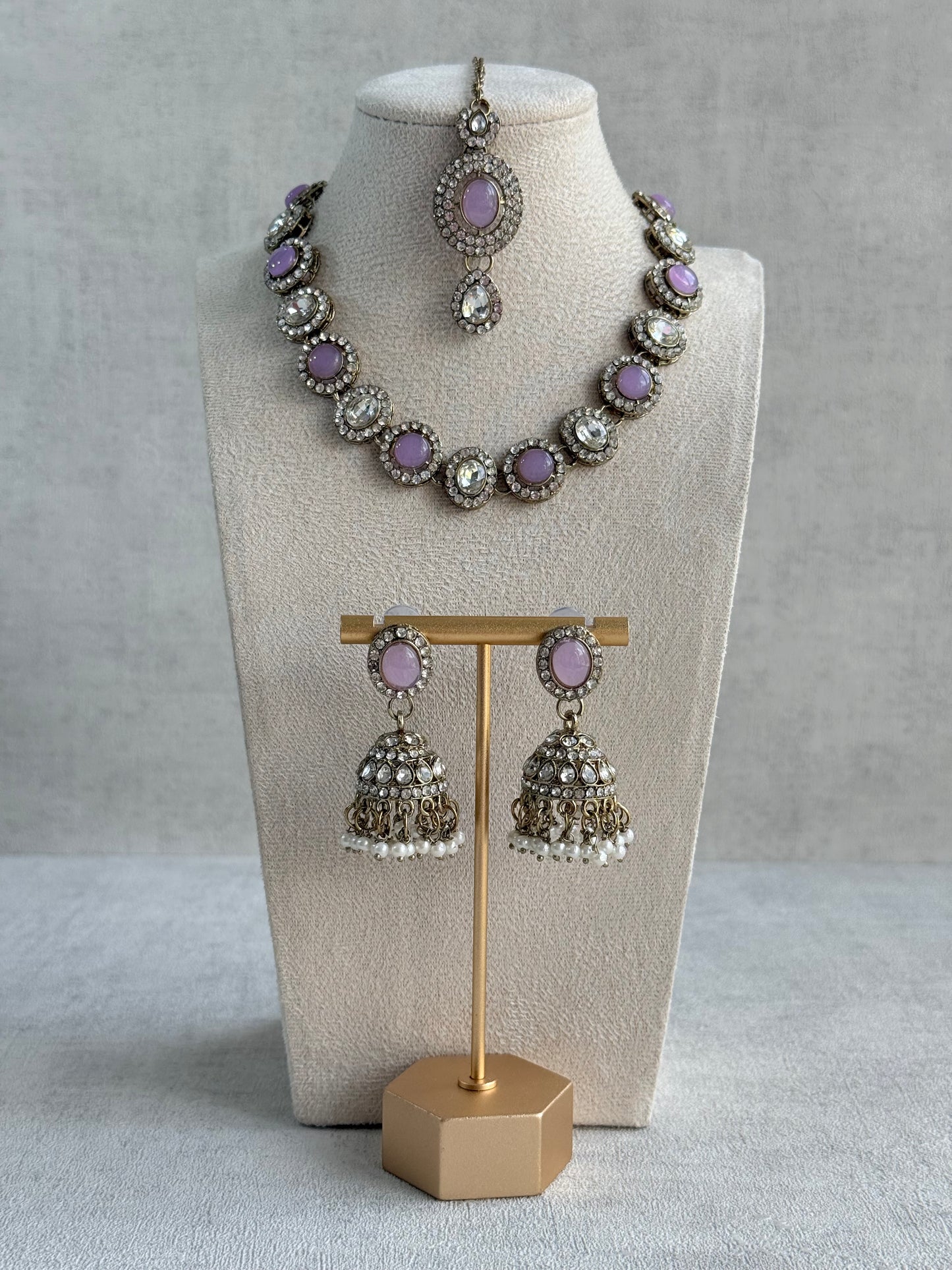 Ayura Designs Eira Necklace Set with Earrings & Tikka – Lilac & Crystal Stones with Antique Gold Finish