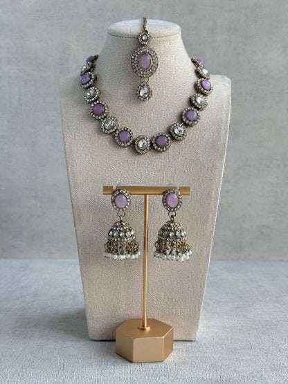 Ayura Designs Eira Necklace Set with Earrings & Tikka – Lilac & Crystal Stones with Antique Gold Finish
