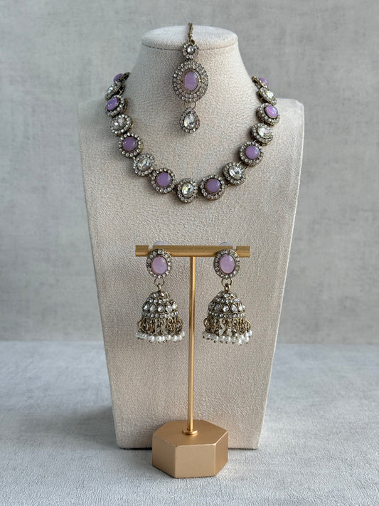 Ayura Designs Eira Necklace Set with Earrings & Tikka – Lilac & Crystal Stones with Antique Gold Finish