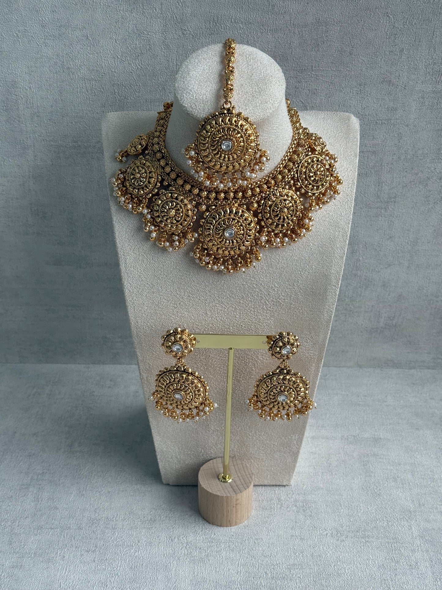 Ayura Designs Rummy Set – Statement Necklace, Earrings & Tikka with Ivory Pearls and Polished Gold Finish