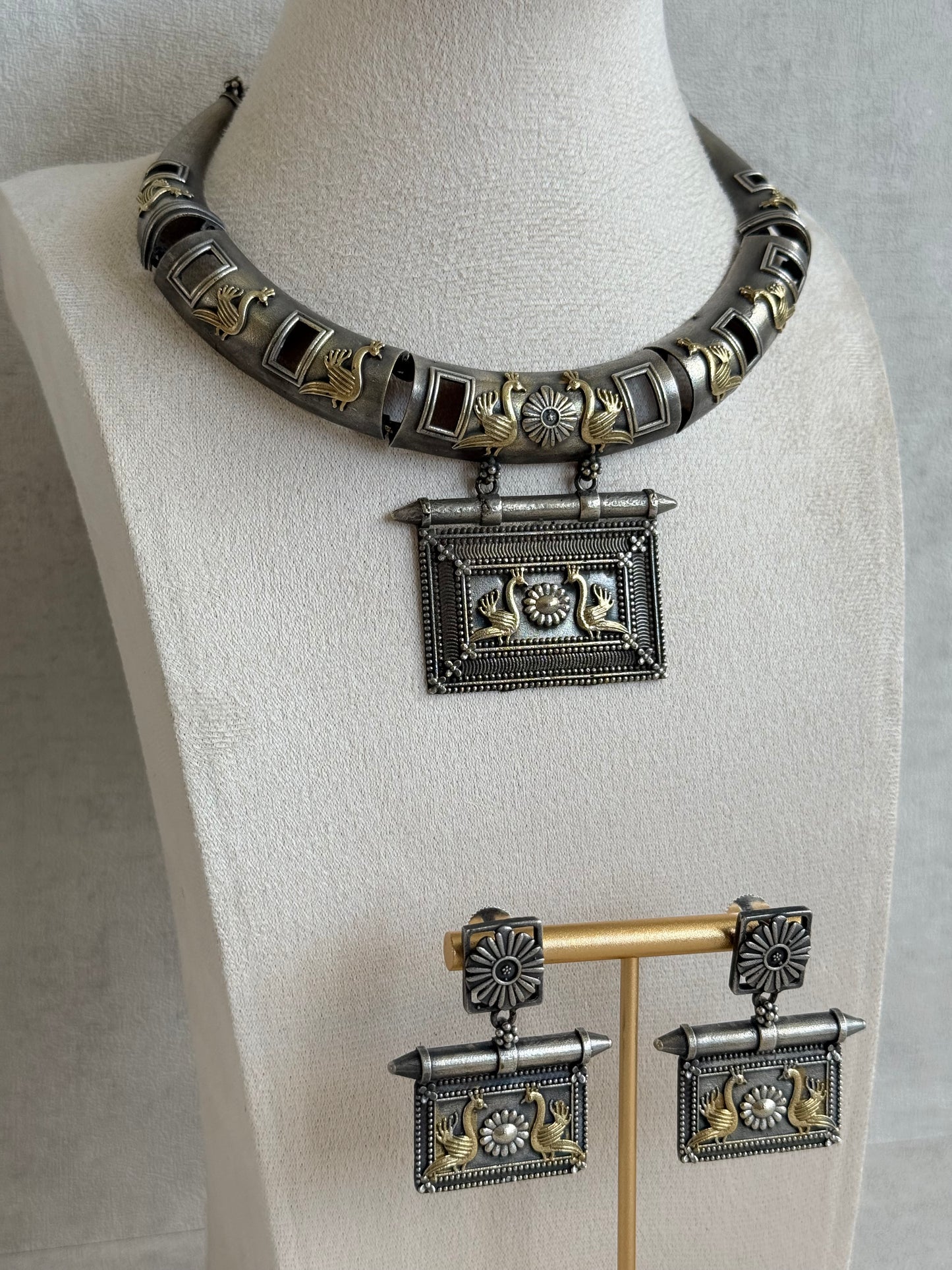 Ayura Designs Naina Necklace Set with Earrings – Dual Tone Oxidised Necklace with Bird Motifs, Black Stone Detailing & Statement Pendant
