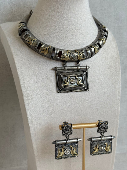 Ayura Designs Naina Necklace Set with Earrings – Dual Tone Oxidised Necklace with Bird Motifs, Black Stone Detailing & Statement Pendant