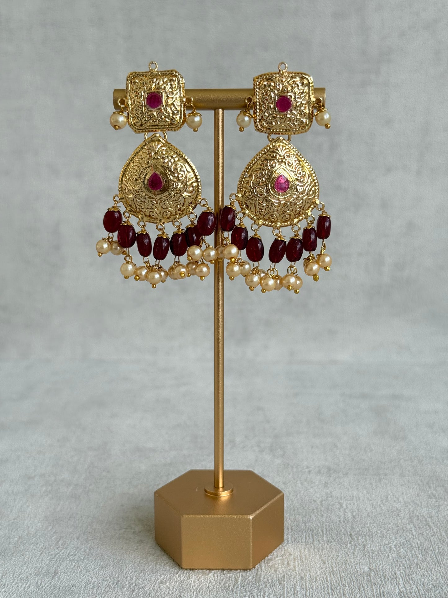 Ayura Designs Chetna Choker Set with Earrings & Tikka – Maroon Beads, Cream Pearl Drops with Pipal Patti Detailing