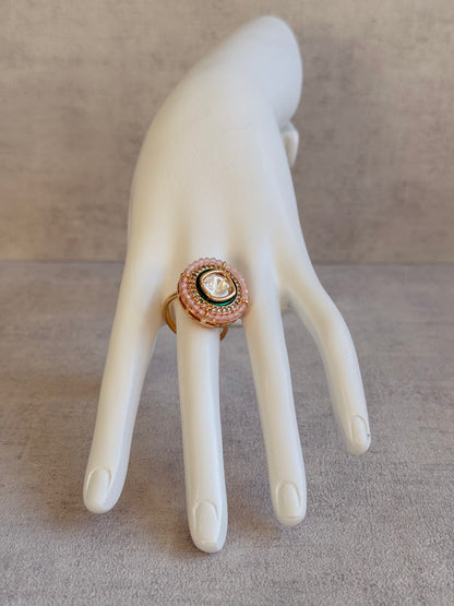 Ayura Designs Roselle Adjustable Ring – Moissanite Centre with Crystal Border & Blush Pink Beads