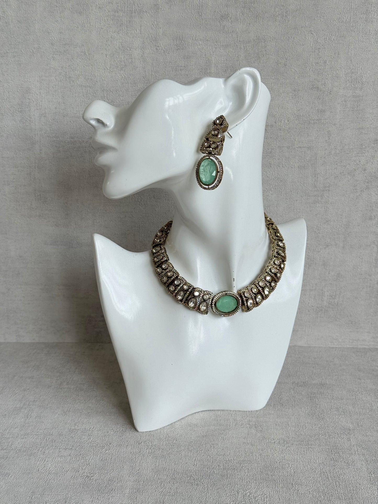 Ayura Designs Sadie Necklace Set with Earrings – Mint Green Centre Stone, Moissanite Style Stones & Crystal Halo Detailing