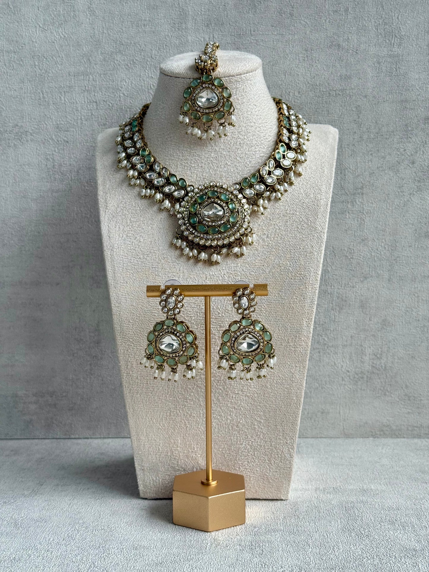 Ayura Designs Warda Set with Earrings & Tikka – Pistachio Green Ovals, Mirror-Cut Stones & Ivory Pearls